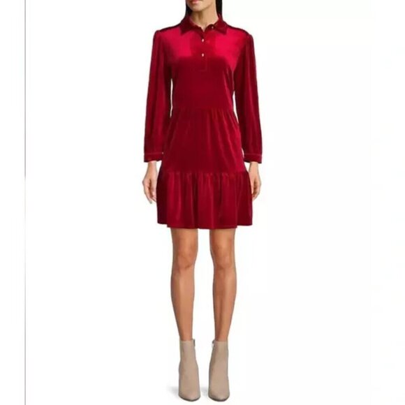 Jude Connally Size Small Ruby Red Henley Velvet Dress Collared Long Sleeve Mini - Picture 2 of 11